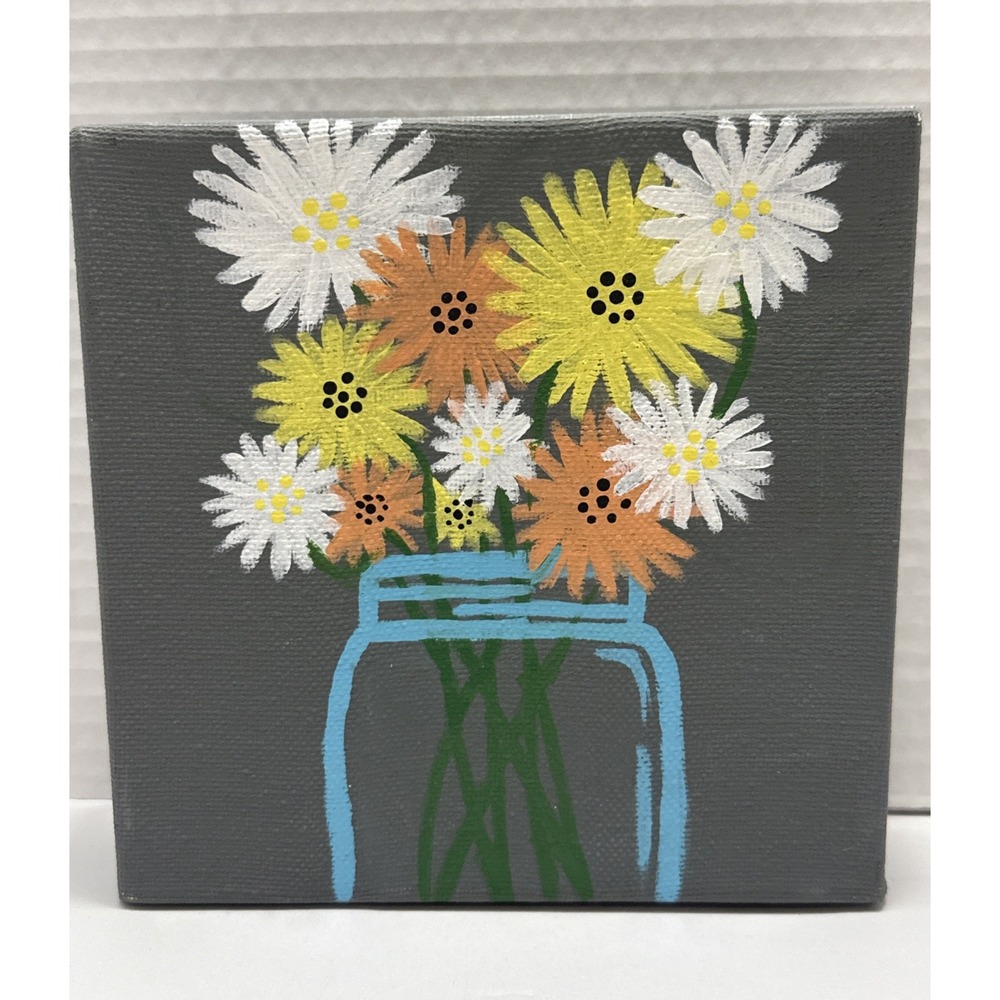 Original Small Canvas Painting Featuring Flowers-Gray White Yellow Peach 6x6